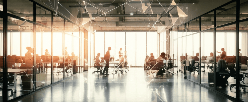 Wide cinematic visualization of AI readiness evaluation in enterprise setting