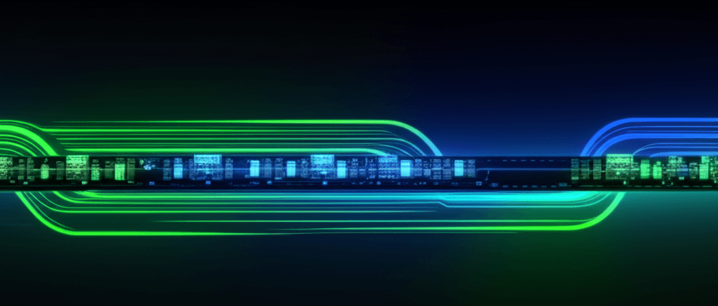 Wide cinematic view of an optimized CI/CD pipeline with automated deployment stages