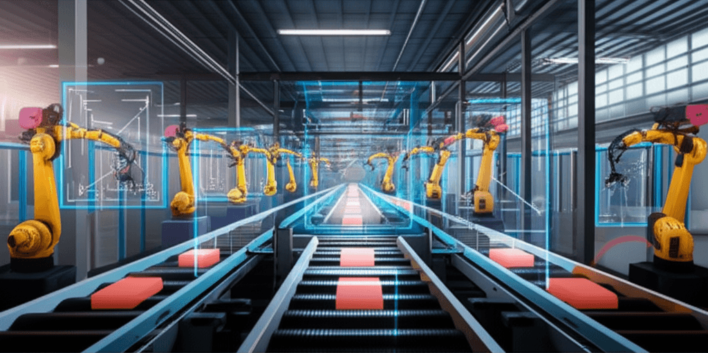 Wide cinematic view of automated visual inspection on a production line