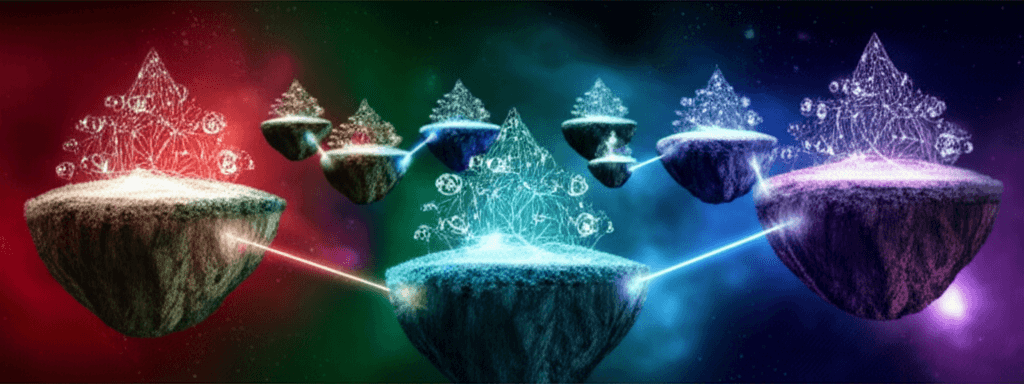 Wide cinematic visualization of blockchain bridges connecting multiple chains