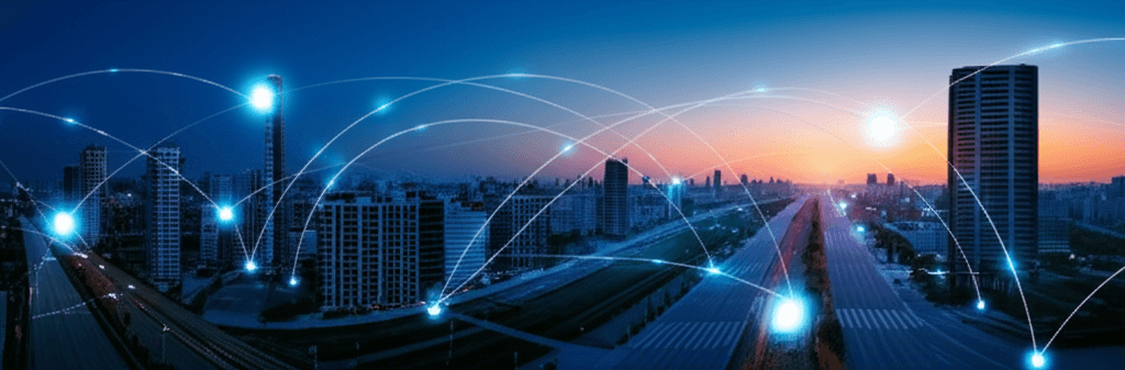 Wide cinematic visualization of IoT devices running AI inference at the edge