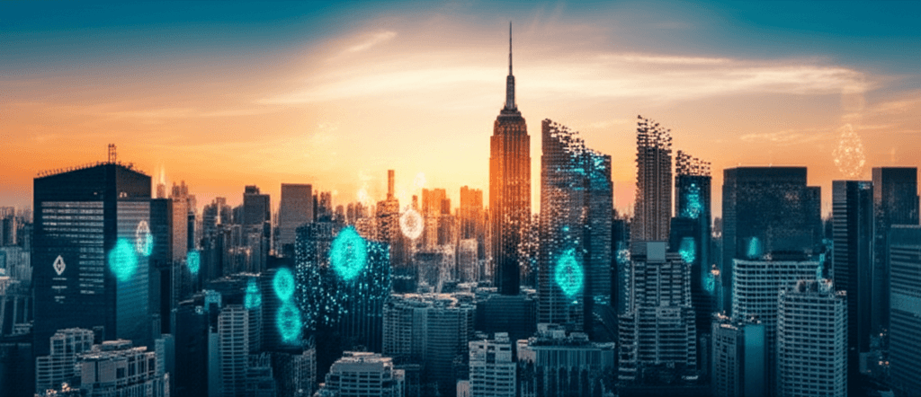 Wide cinematic visualization of real-world asset tokenization