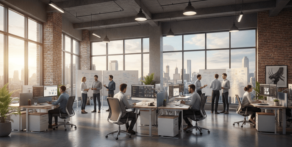 Modern tech office with open floor plan and city skyline view