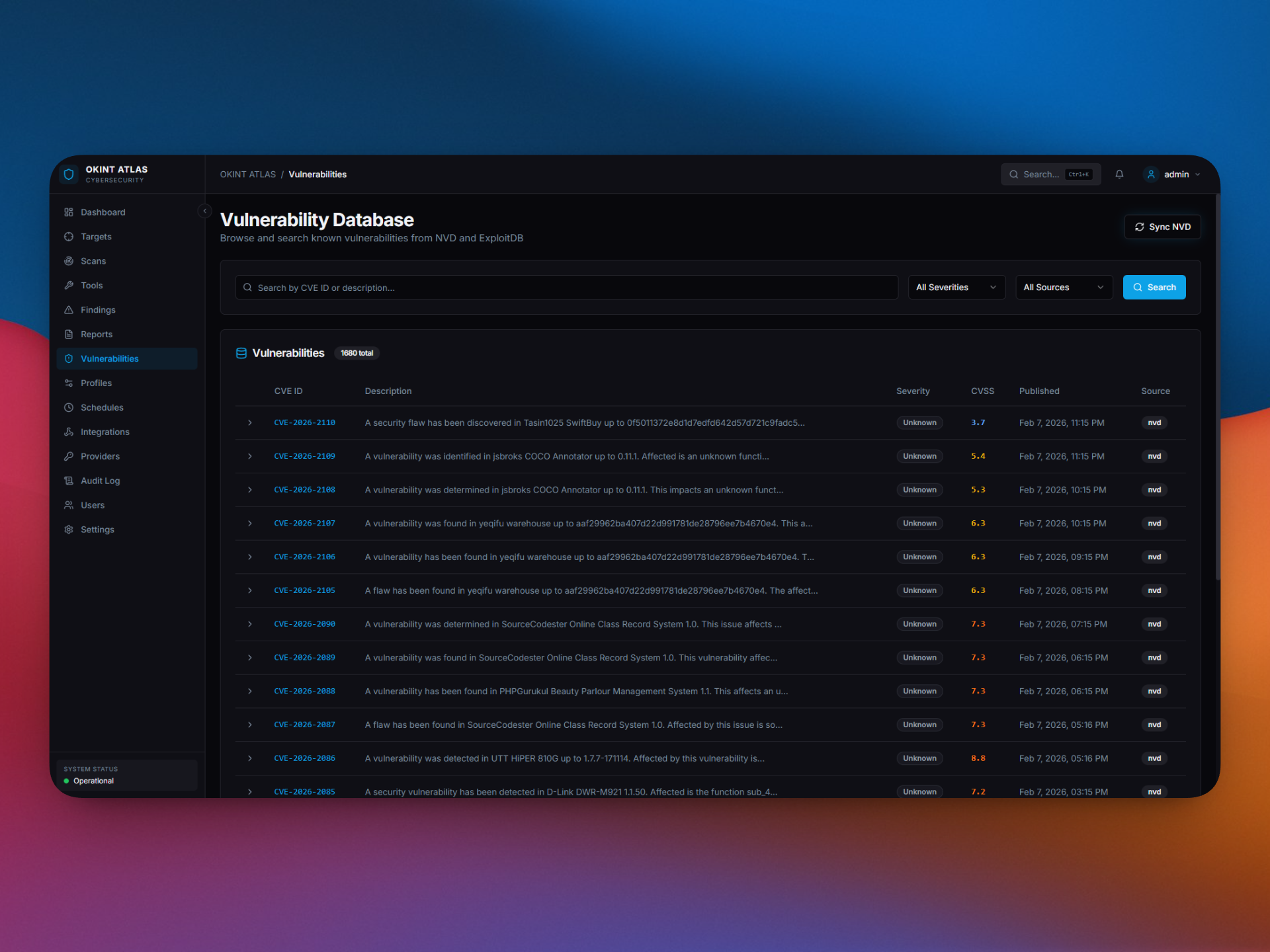 NVD/CVE vulnerability database
