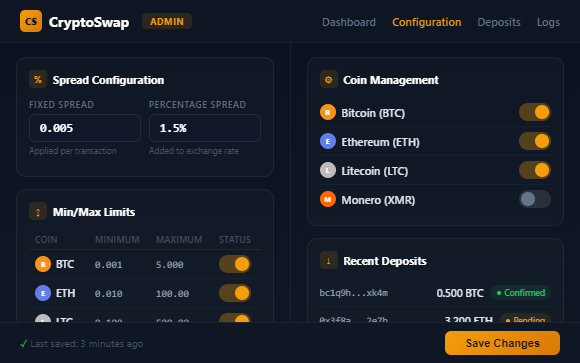 Crypto swap admin panel