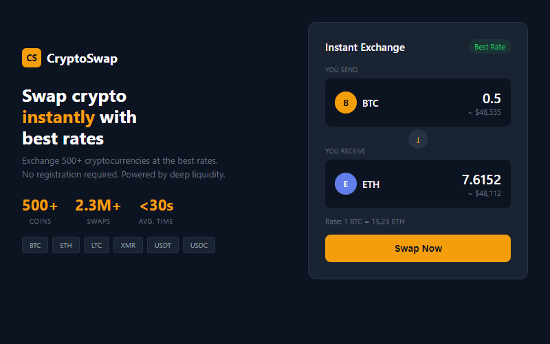 Crypto swap platform interface