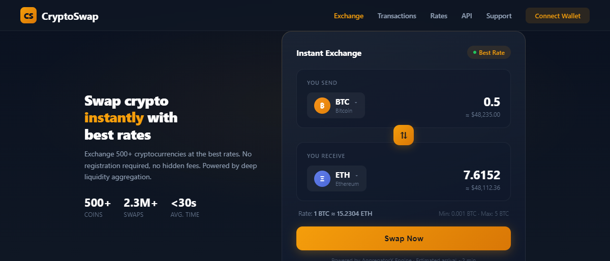 Crypto swap platform hero banner